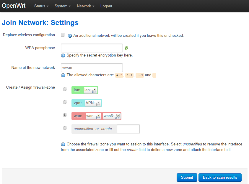 Join Network Settings