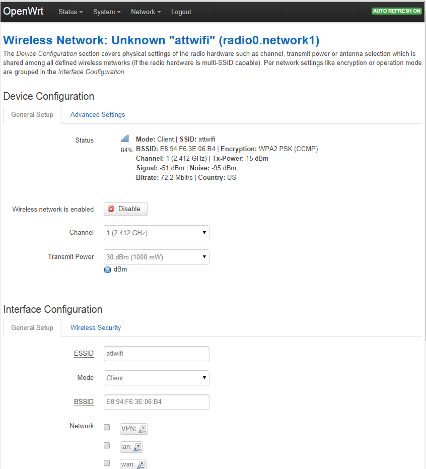 Wireless network settings