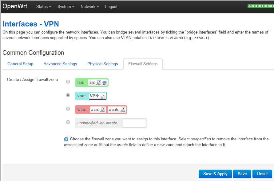 Interface for vpn