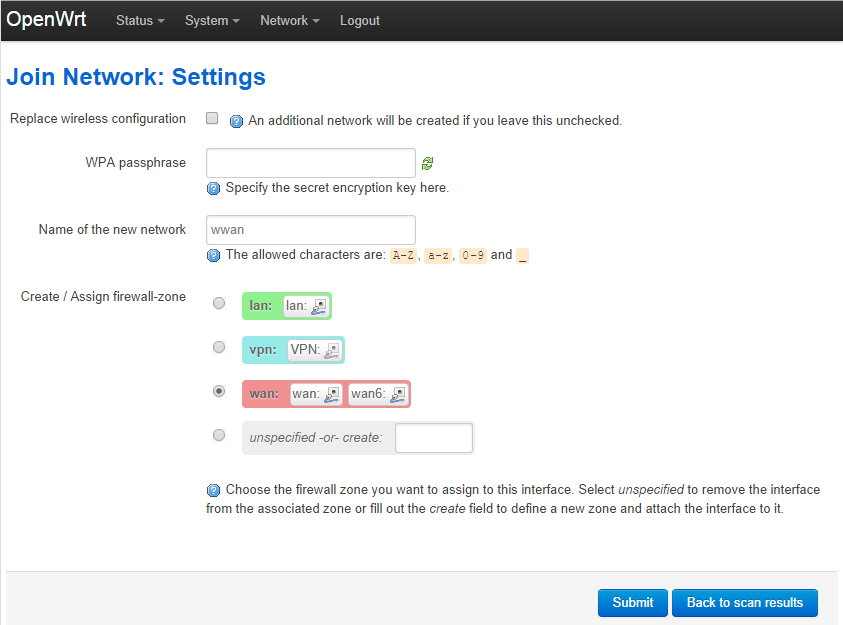 Join network: settings page